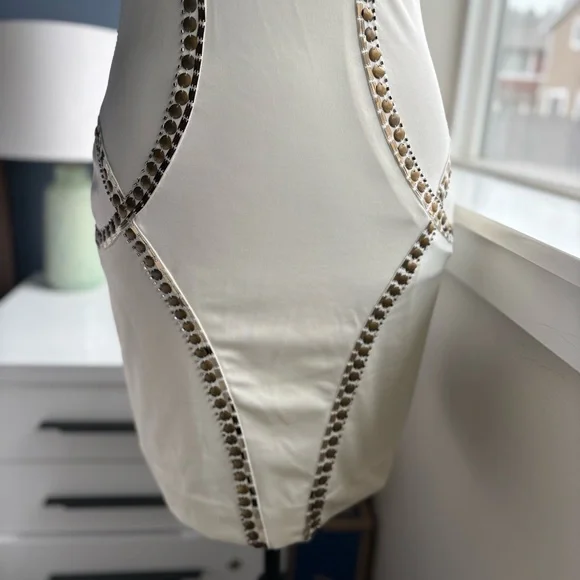 Bebe Cream Bodycon Sleeveless Mini Dress with Gold Studs & Sequins - Sexy Party - Picture 6 of 16